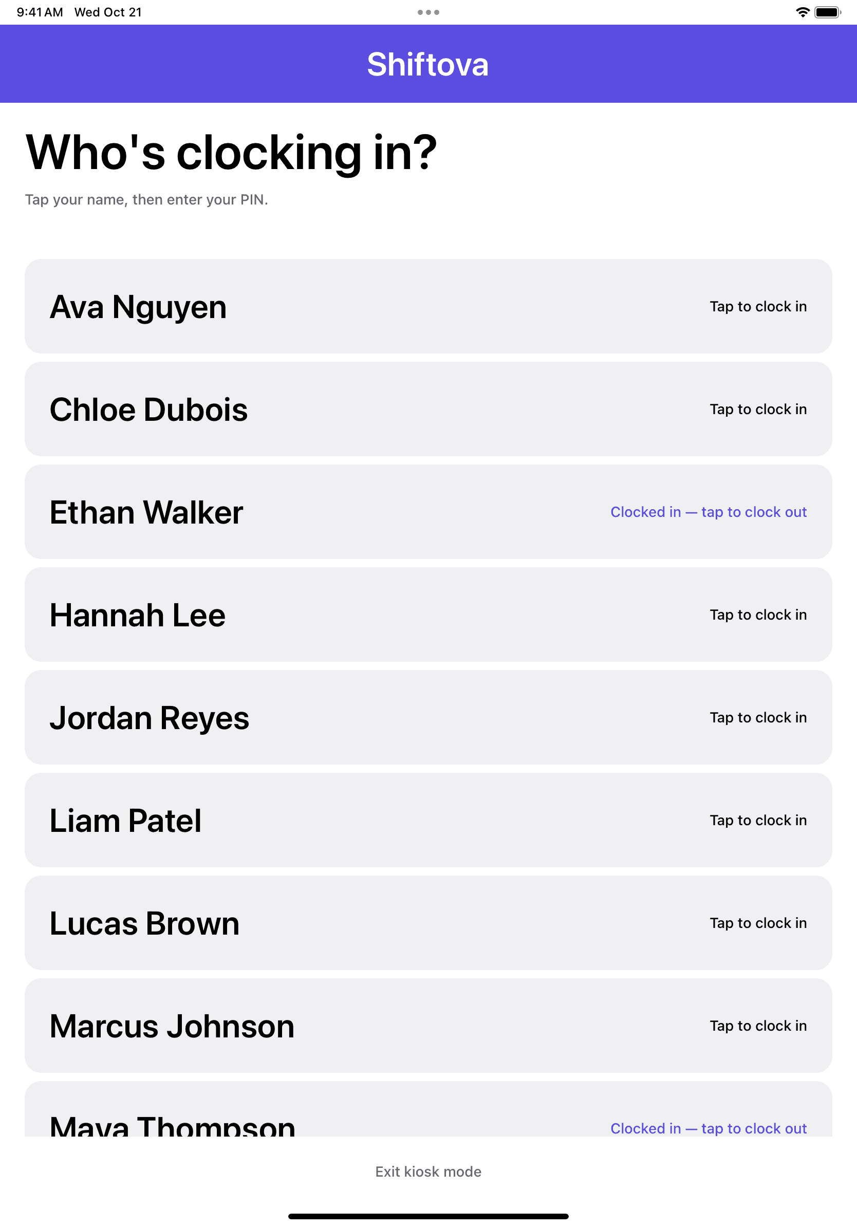 The kiosk clock-in screen on a shared iPad, listing each employee to tap, with who is already clocked in