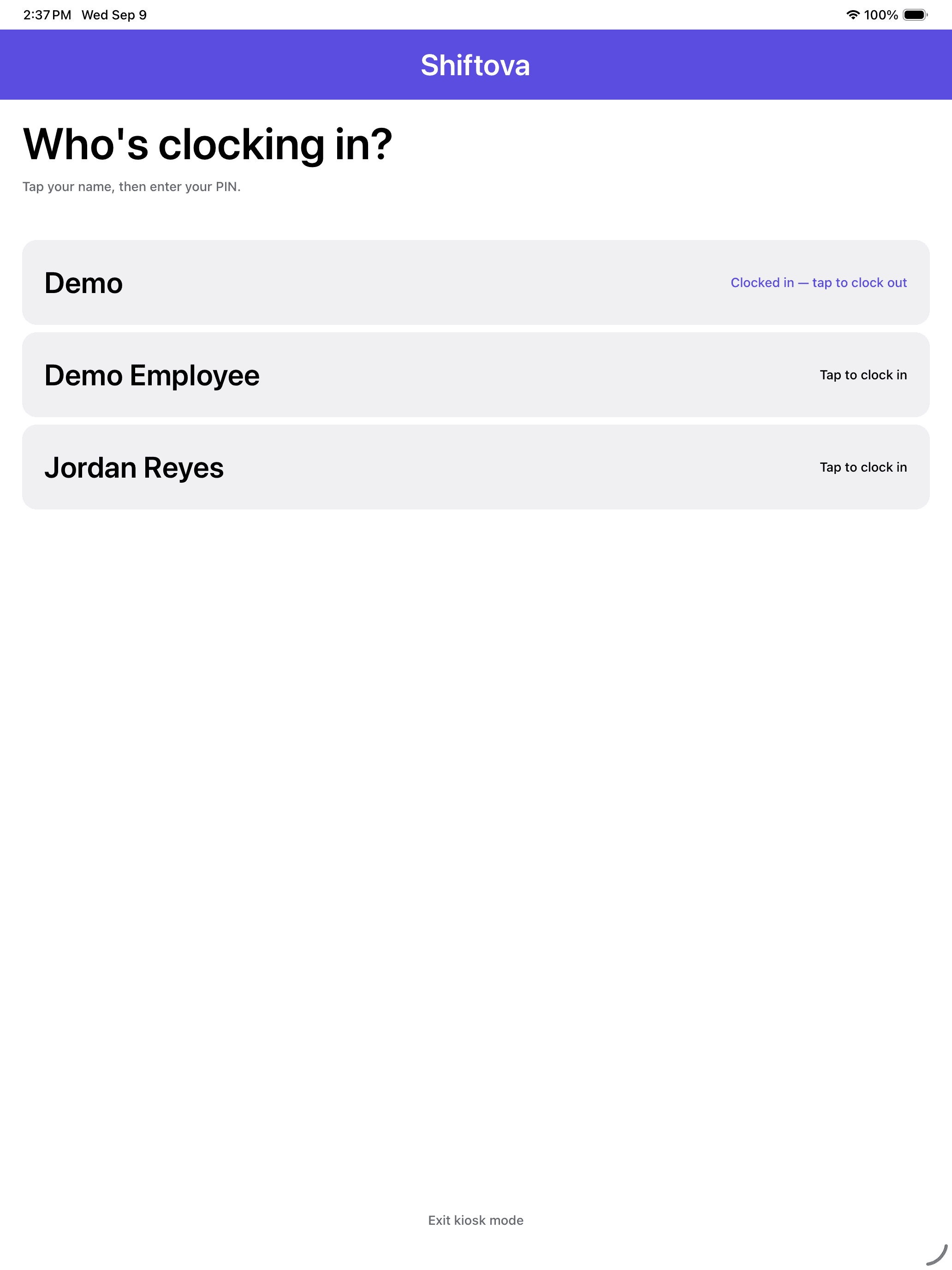 The kiosk clock-in screen on a shared iPad, listing each employee to tap