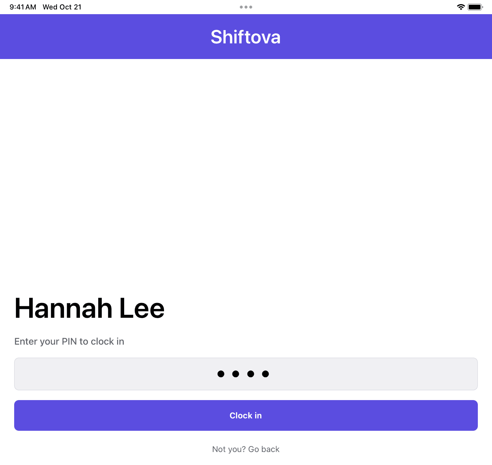 The PIN entry screen for an employee clocking in on the shared kiosk