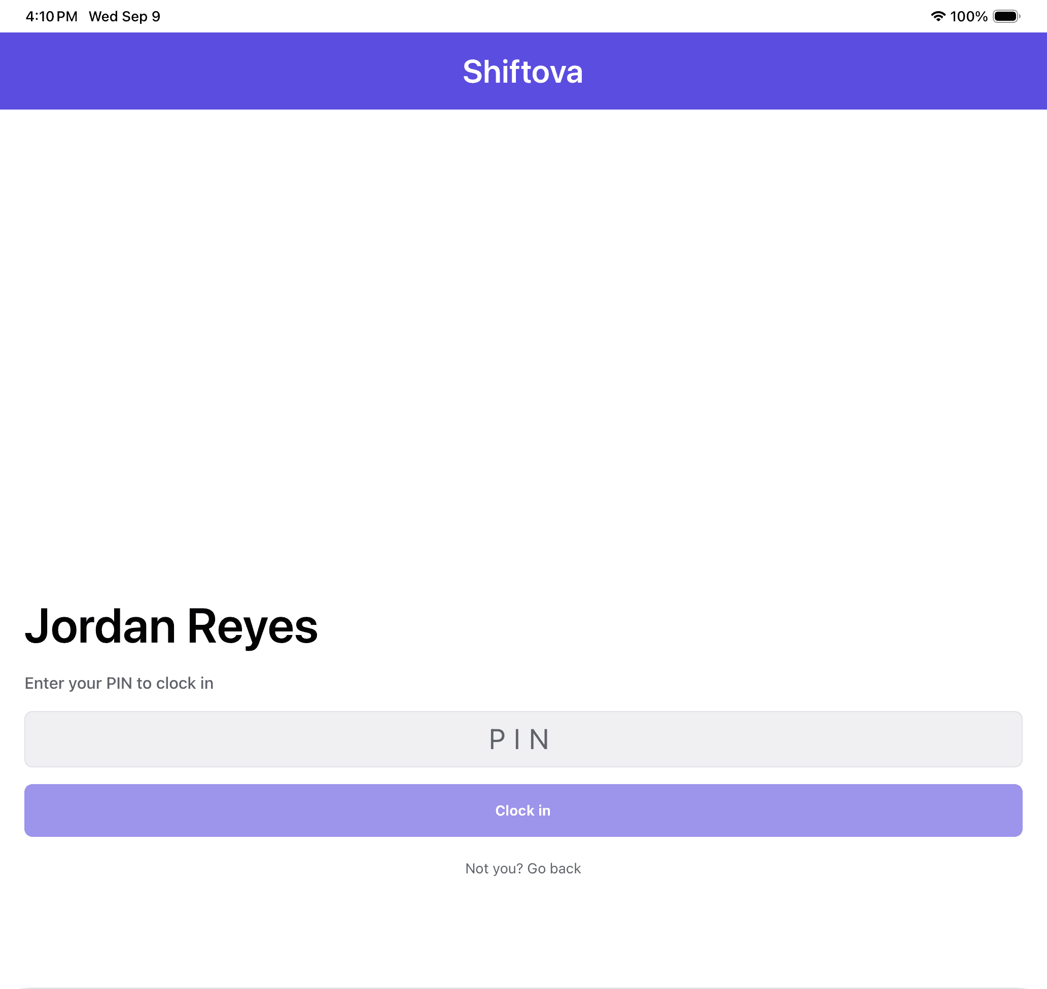 The PIN entry screen for an employee clocking in on the shared kiosk