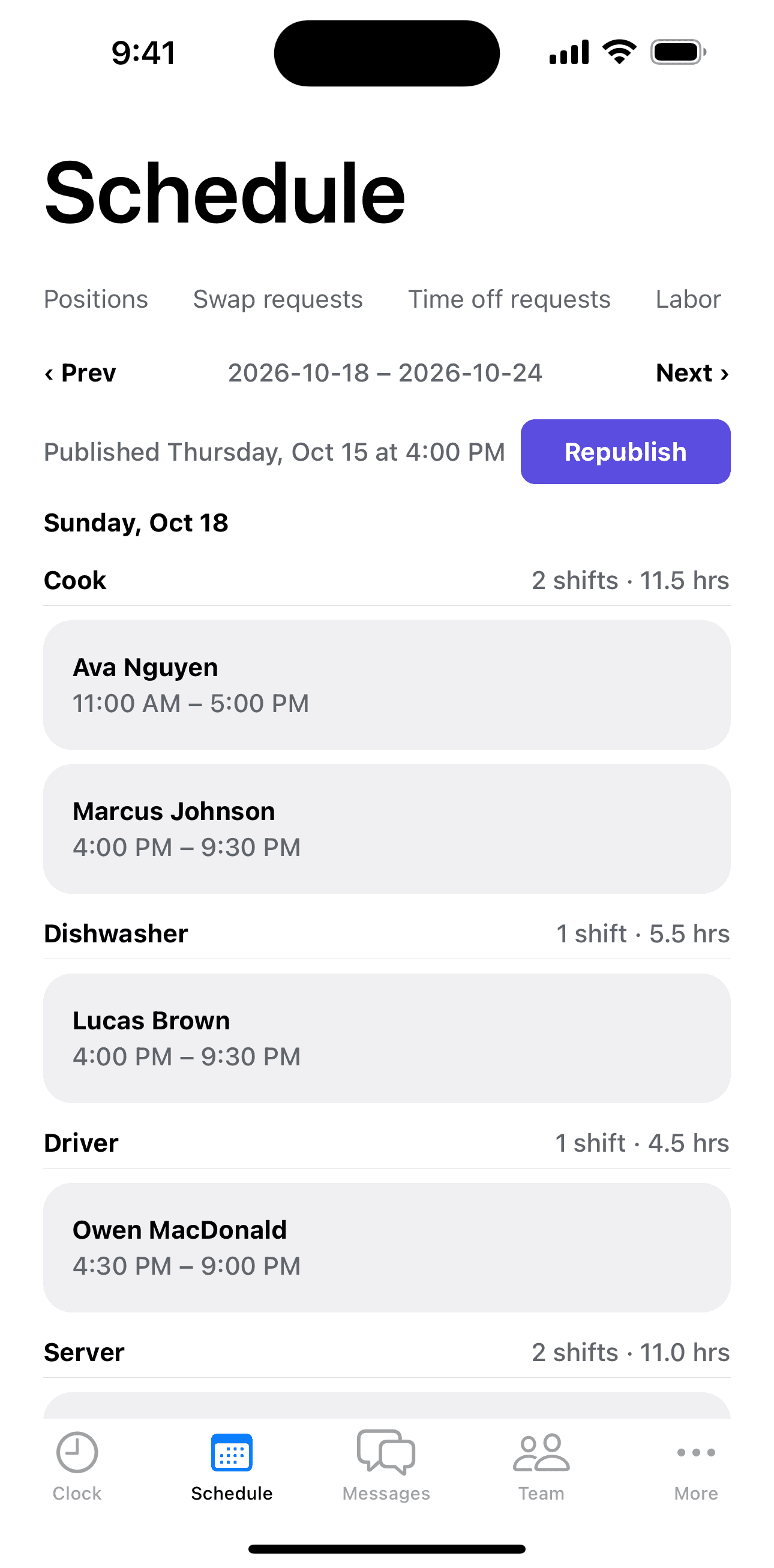 Shiftova's weekly schedule screen, showing each day's shifts grouped by position with the hours for each