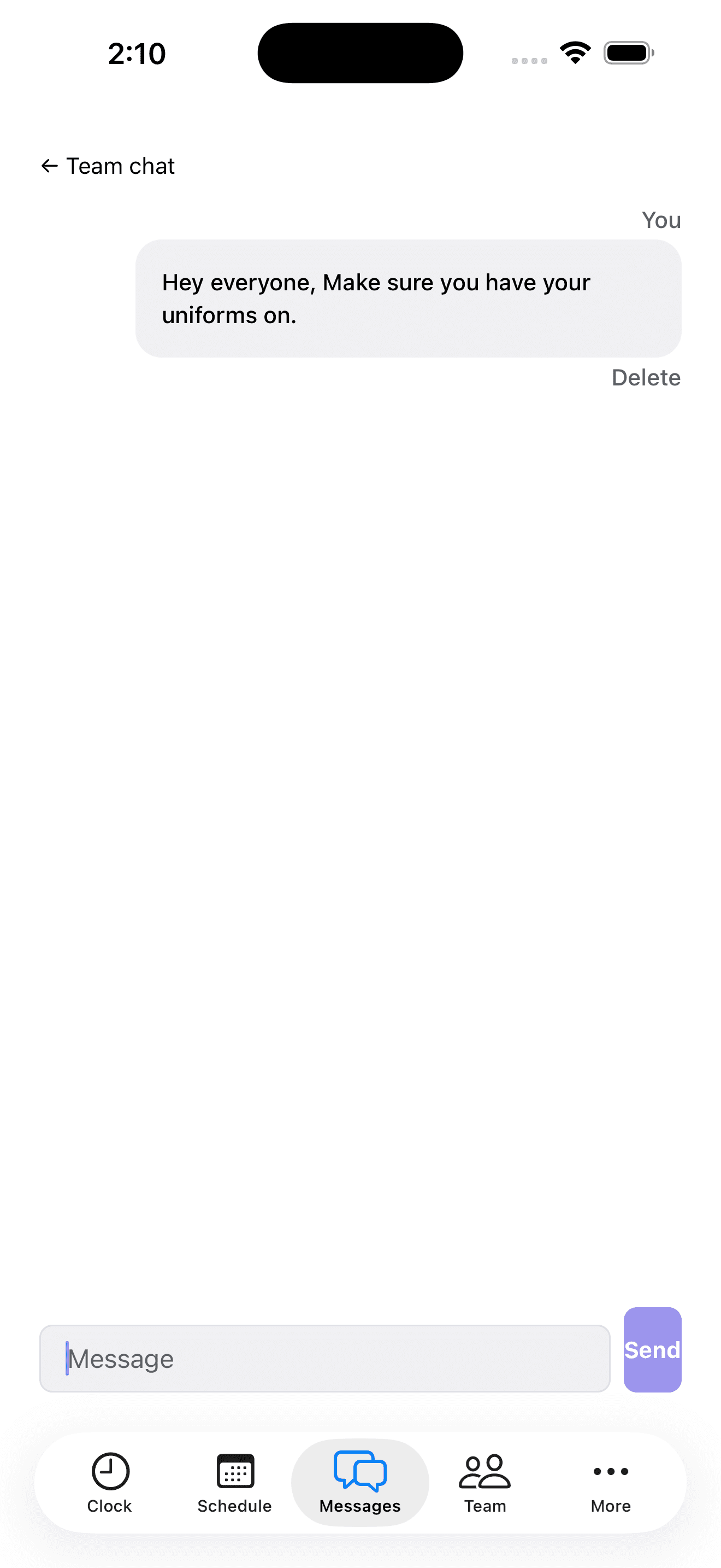 A team chat thread with a message sent to the whole team