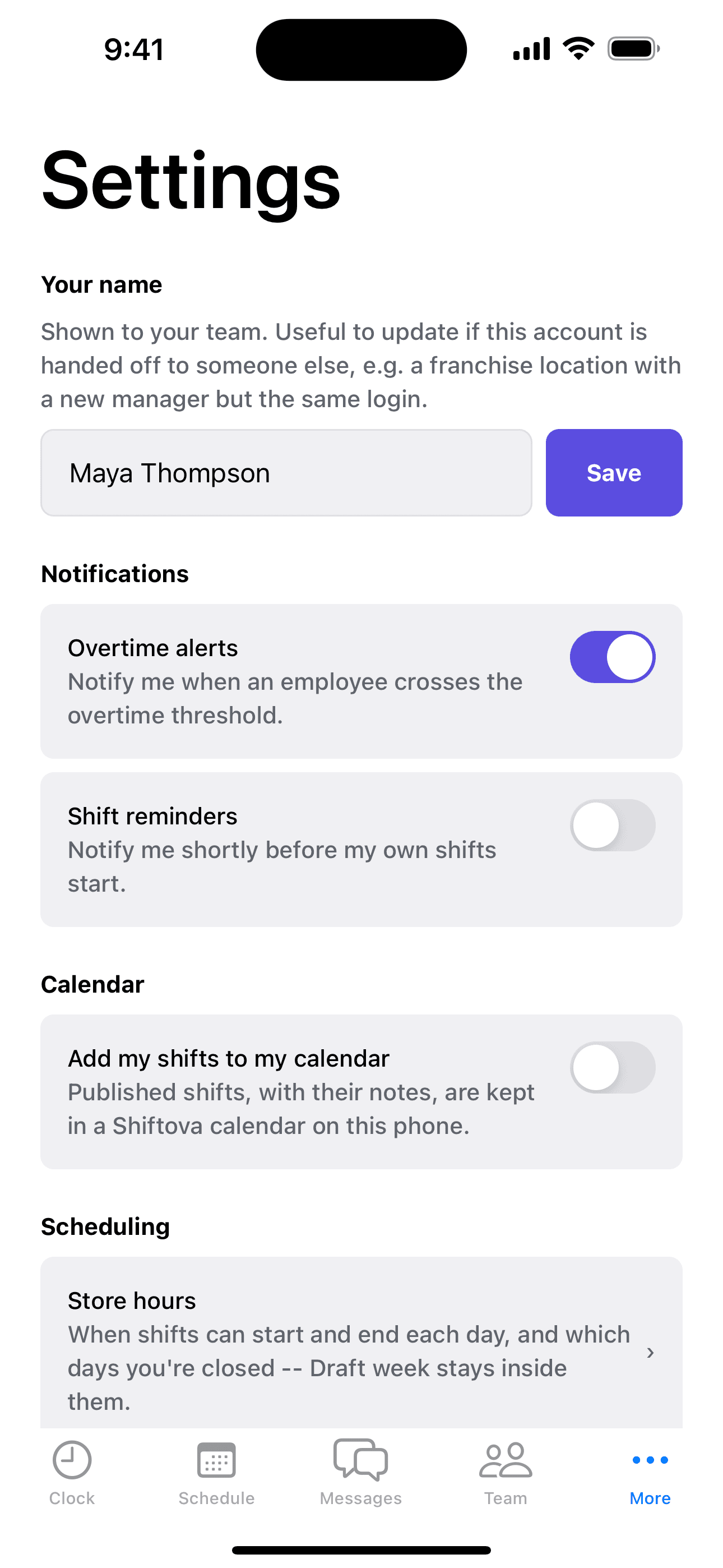 The Settings screen, with the option to add your published shifts to a Shiftova calendar on your phone
