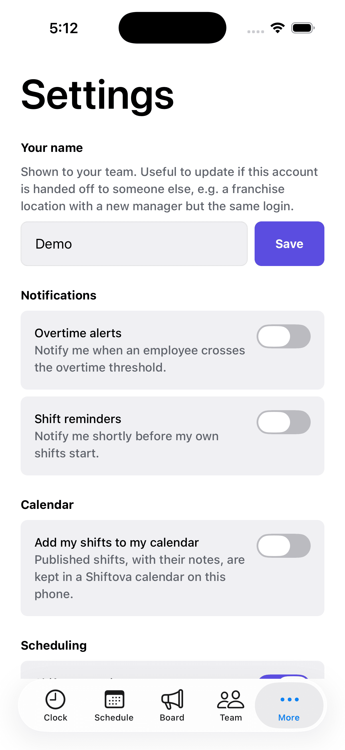 Calendar sync settings toggle, with shifts appearing on a personal calendar
