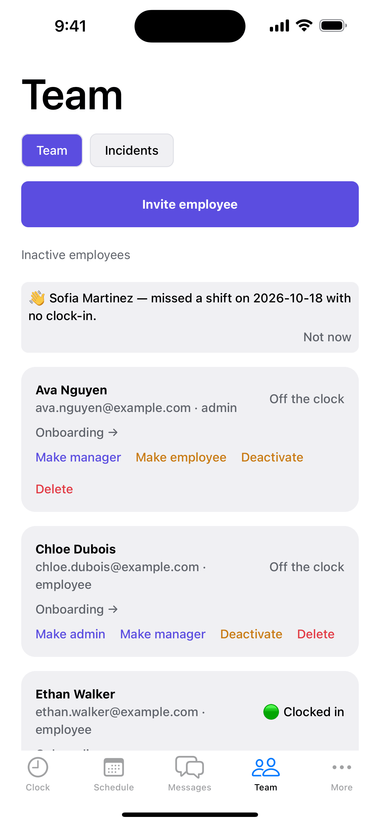 A heads-up at the top of the Team screen that an employee missed a shift with no clock-in