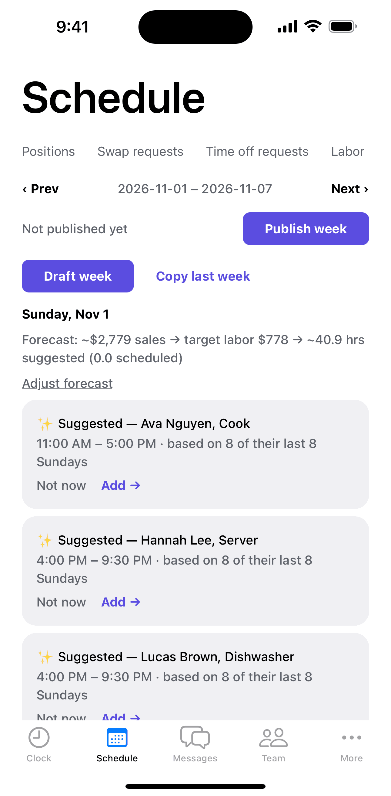 An unpublished week with suggested shifts, each based on how often that person worked the same day in recent weeks