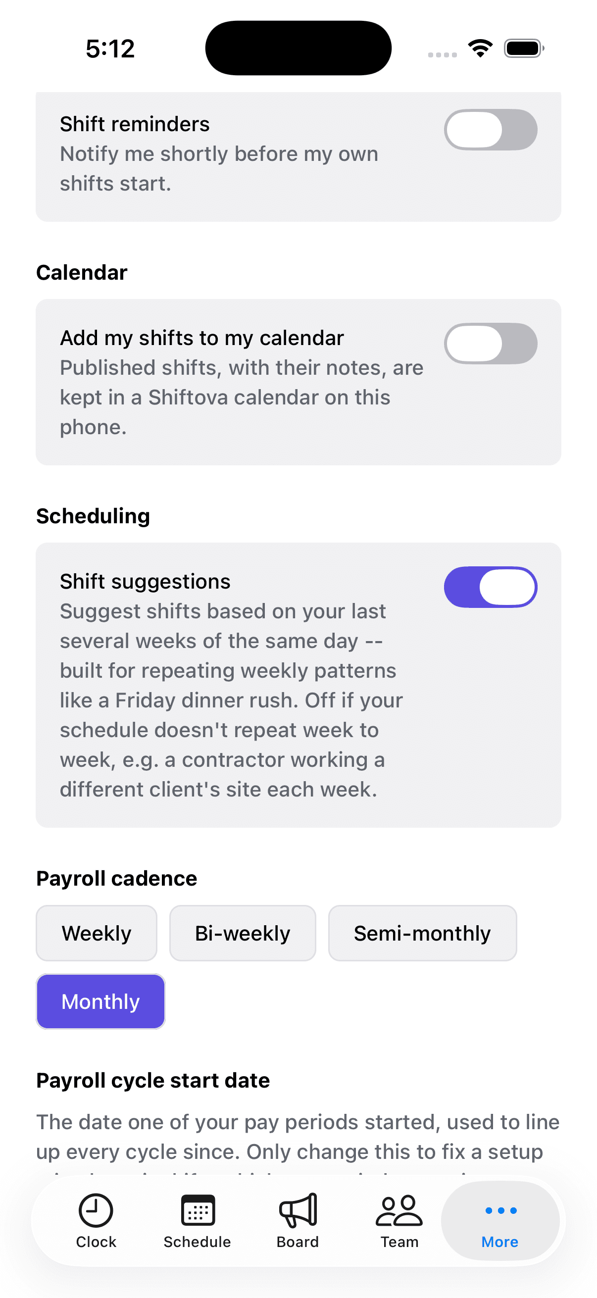 The Shift Suggestions setting, describing suggestions based on the last several weeks of the same day