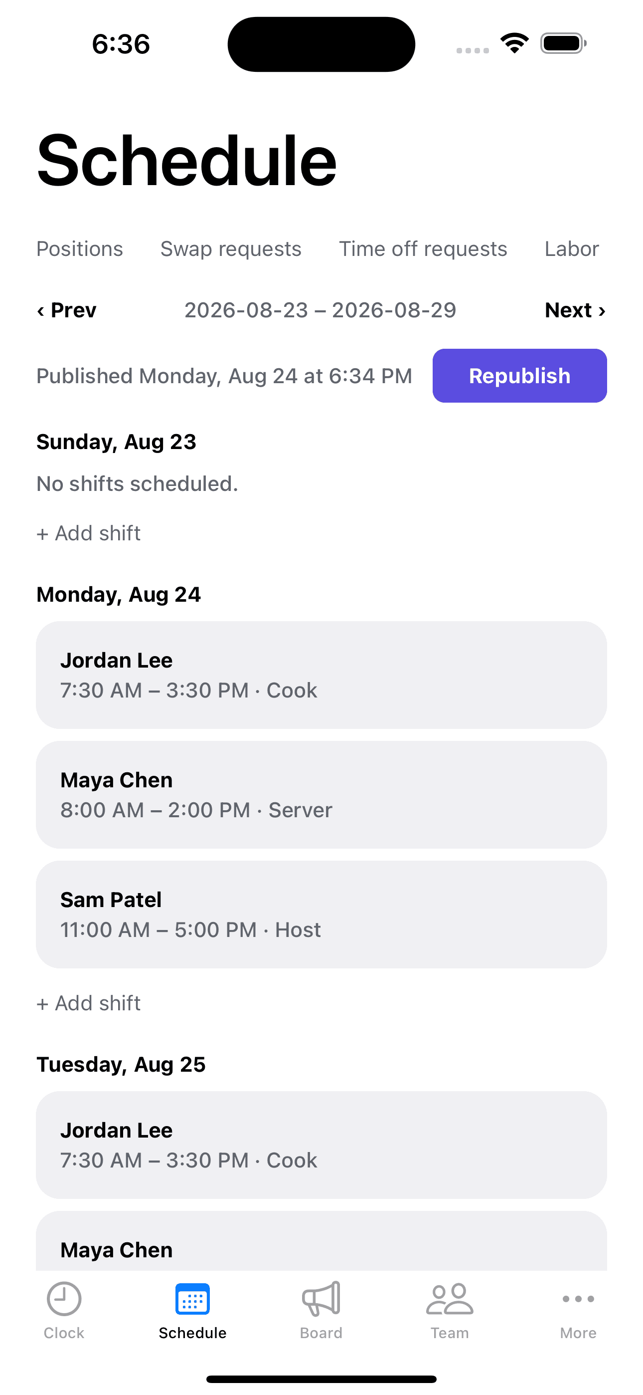 Shiftova's weekly schedule screen, showing shifts assigned to employees by day