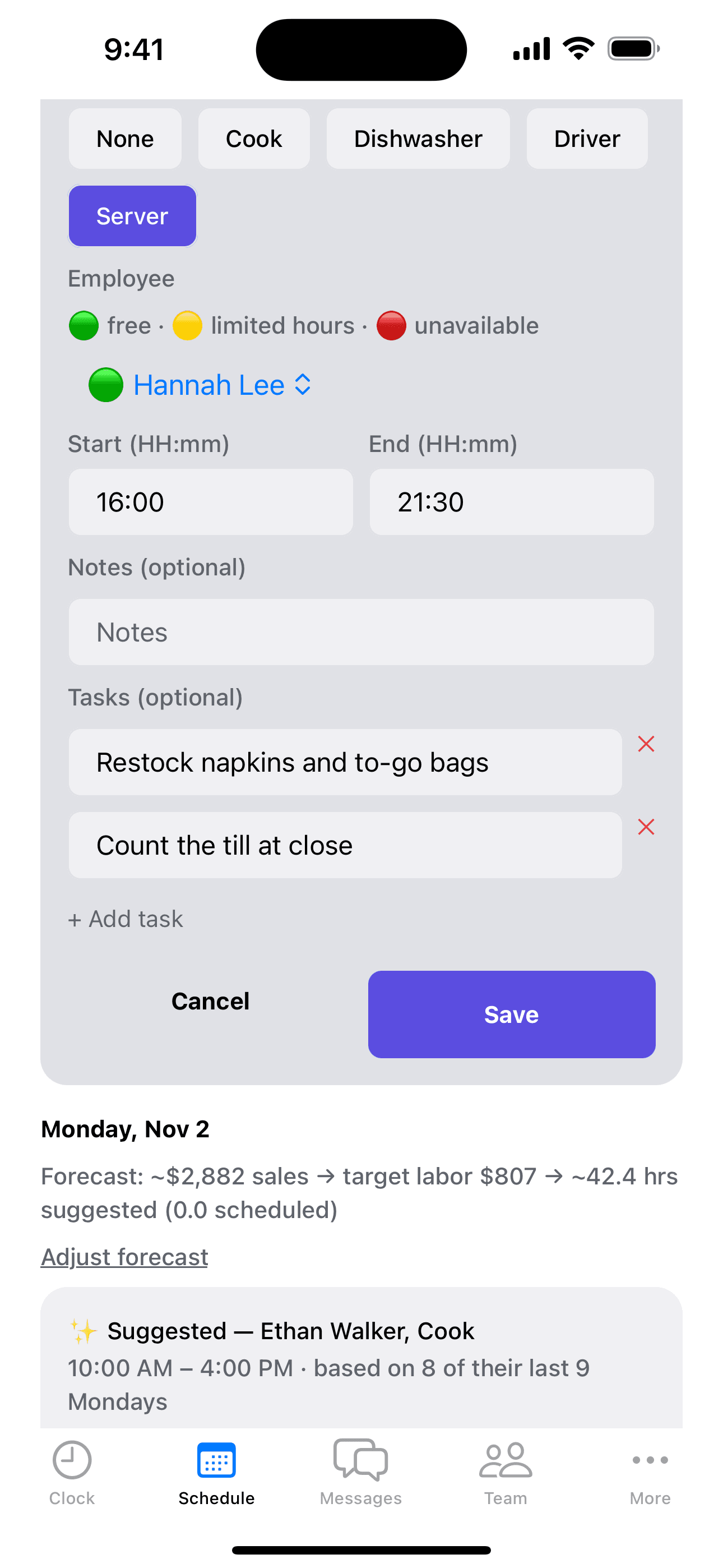 A shift being edited, with two tasks on its checklist: restock napkins and to-go bags, and count the till at close