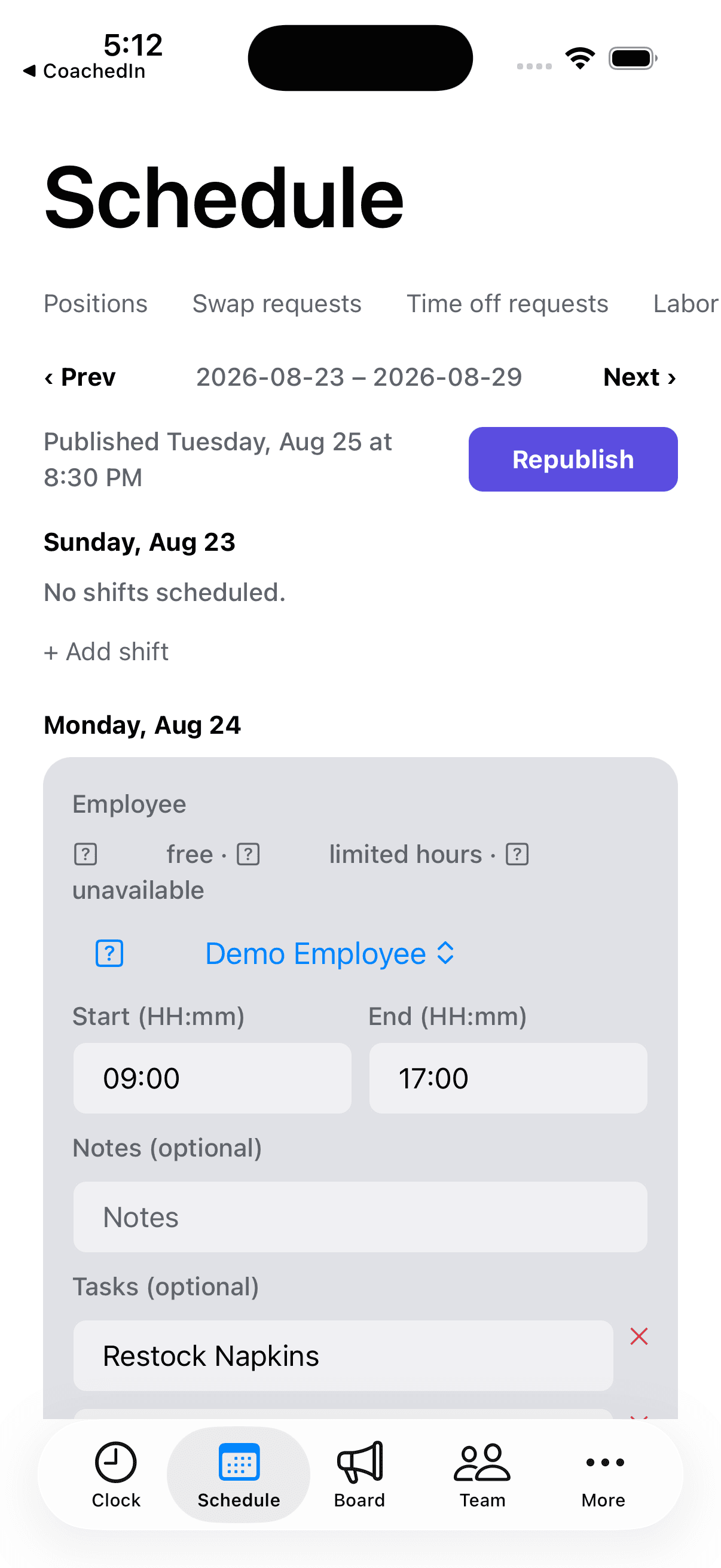 A shift being edited, with a task added to its checklist