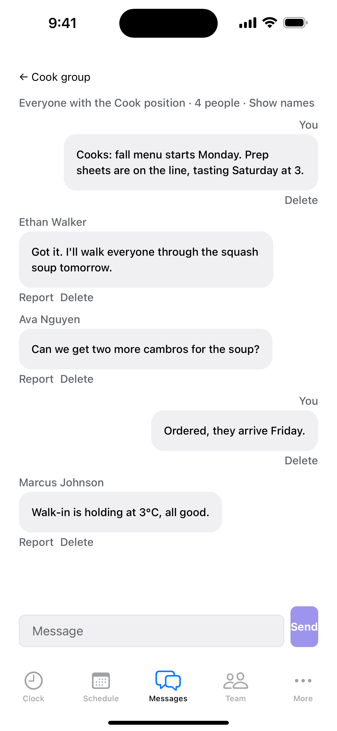 A group chat with everyone in the Cook position, about the new fall menu
